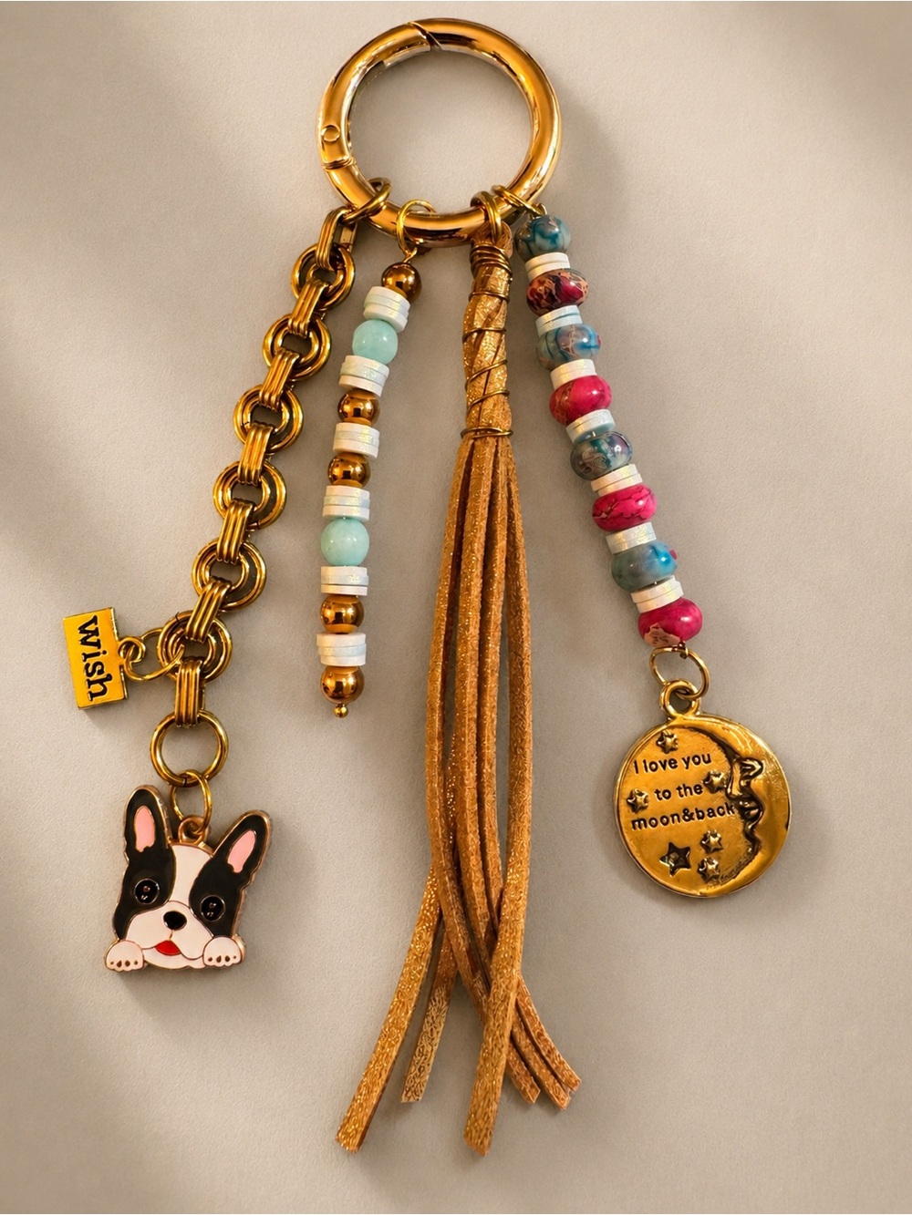 Dog-Lovers Bag Charm Key Ring w/medallion: “I LOVE YOU TO THE MOON & BACK”